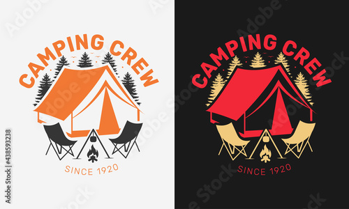 camping crew with trees and camp fire, chair camping logo emblem with color variant for t-shirt design and many others, vector illustration