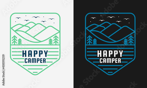 happy camper with mountain trees and campfire camping logo label emblem with color variant for t-shirt design and many others, vector illustration