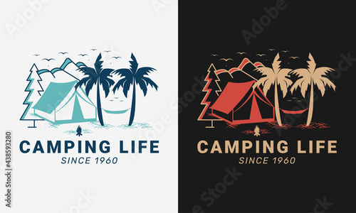 camping life with mountain trees and campfire camping logo emblem with color variant for t-shirt design and many others, vector illustration