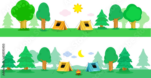 Tens in camping, seamless banner vector illustration