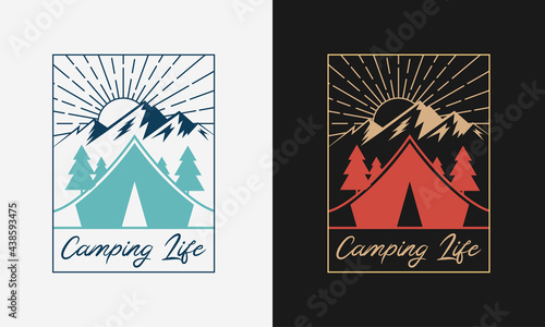 Camping life with mountain trees and sun camping logo label emblem with color variant for t-shirt design and many others, vector illustration