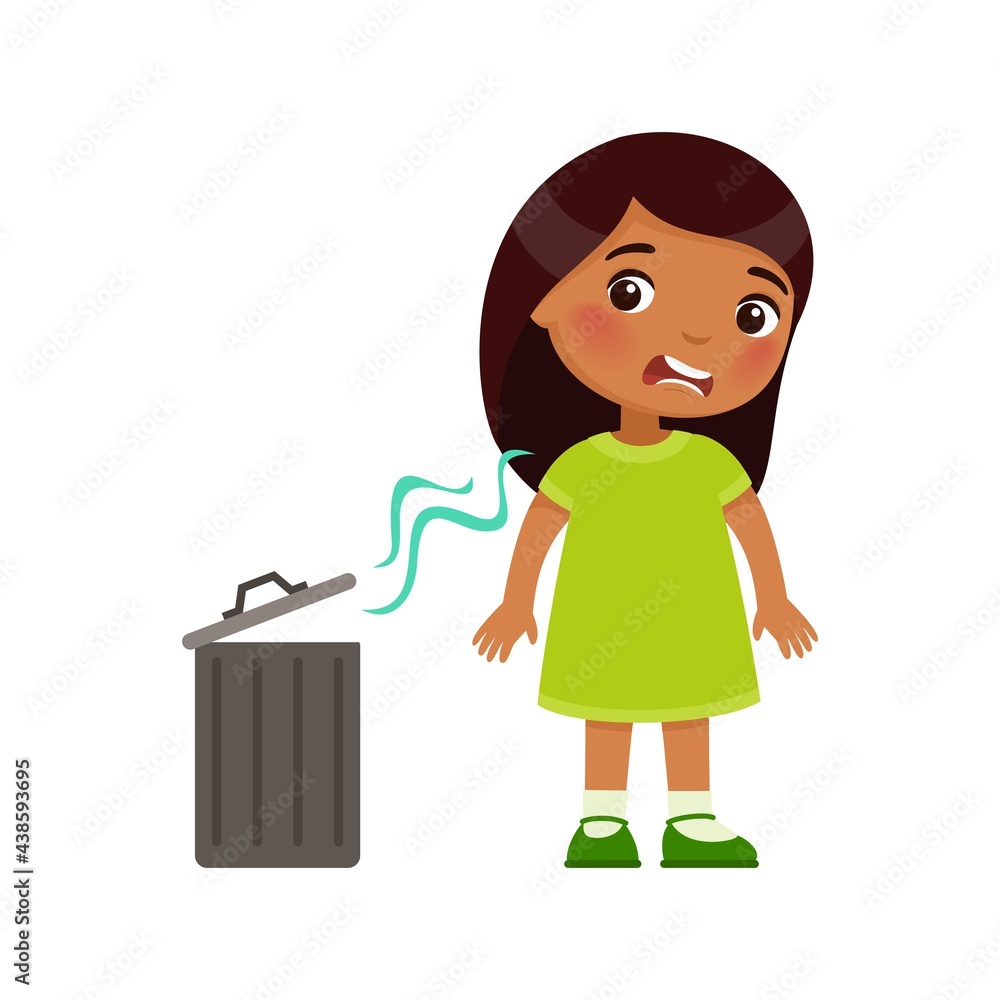 Indian little girl does not like the bad smell from the trash can.  Expression of emotion on the face of a dark skin child. Cartoon character  Stock Vector | Adobe Stock