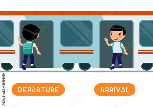 Departure and arrival antonyms word card vector template. Flashcard for English language learning. Little Asian schoolboy gets on the subway and sets off. Happy child gets out of the subway car