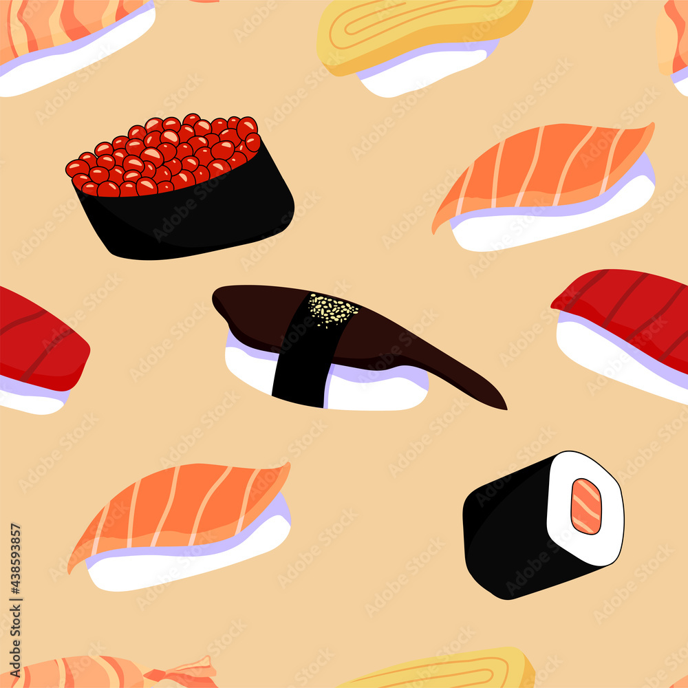 Colorful vector seeamless pattern with Japanese sushi with salmon, tuna, egg, shrimp and eel, salmon roll and gunkan with tobiko caviar