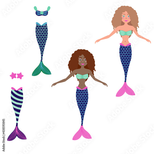 Mermaid paper doll with changing accessories vector illustration