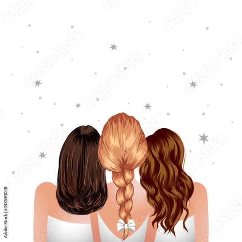Three woman standing together. Girl best friends back view. Bridesmaids clip art. 