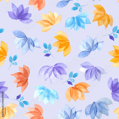 Abstract hand-drawn floral seamless pattern of transparent yellow, orange, red, blue, purple flowers and blue twigs isolated on a light lilac background