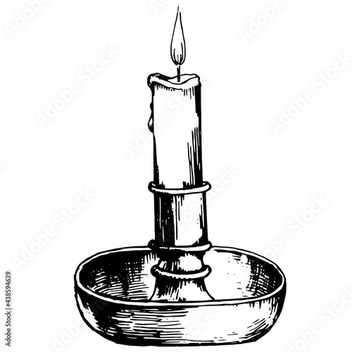 Handdrawn burning candle in a bowl black and white doodle illustration vintage sketch 