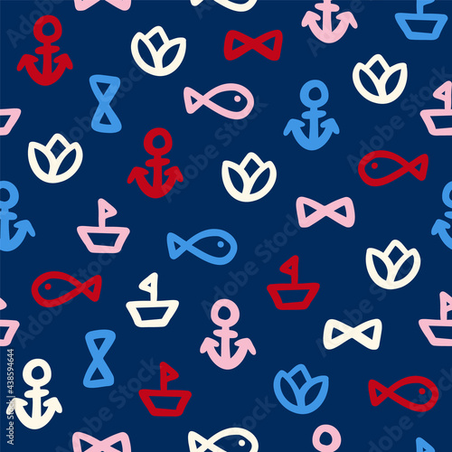 Nautical themed doodle seamless repeat pattern. Different maritime vector elements like fish, sailing boat, anchor and flowers all over surface print on blue background.