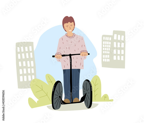 Man rides on a segway in the city. People use eco vehicle. Flat design