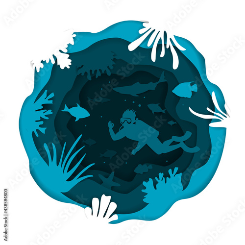 digital paper cut style underwater deep sea round circle wavy layered effect background with scuba diver fishes and coral reefs vector illustration