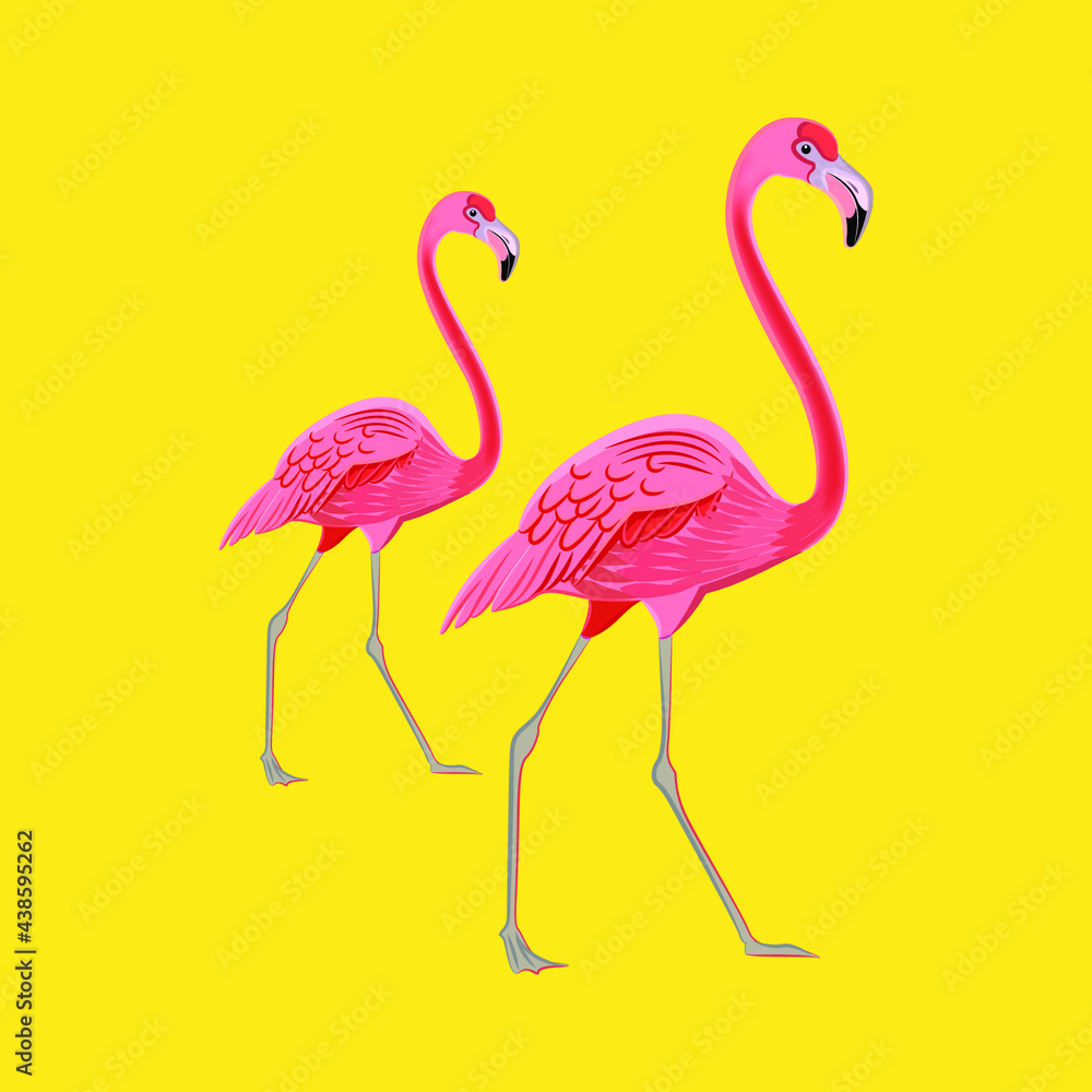 Fototapeta premium Two pink flamingos on a yellow background, vector illustration