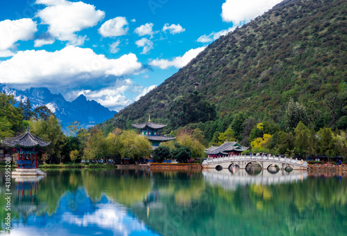 amazing view of black dragon pool Lijiang  Yunnan province  China  black dragon pool is a famous pond in the scenic Jade Spring Park It was built in 1737 during the Qing dynasty 