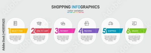 Concept of shopping process with 6 successive steps. Six colorful graphic elements. Timeline design for brochure, presentation, web site. Infographic design layout.