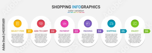 Concept of shopping process with 6 successive steps. Six colorful graphic elements. Timeline design for brochure, presentation, web site. Infographic design layout.