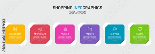 Concept of shopping process with 6 successive steps. Six colorful graphic elements. Timeline design for brochure, presentation, web site. Infographic design layout.