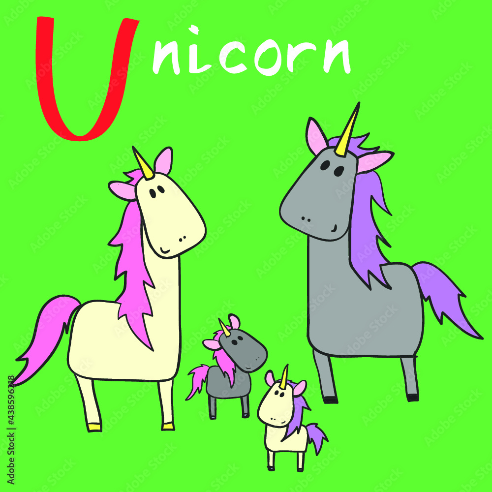Fototapeta premium Funny Animal Family Alphabet, Letter U - unicorn