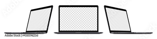Realistic laptop device perspective mockup set : front view, sideways view. Isolated dark grey computer with empty screens on white background. Editable blank screen mock-up. Vector illustration. photo