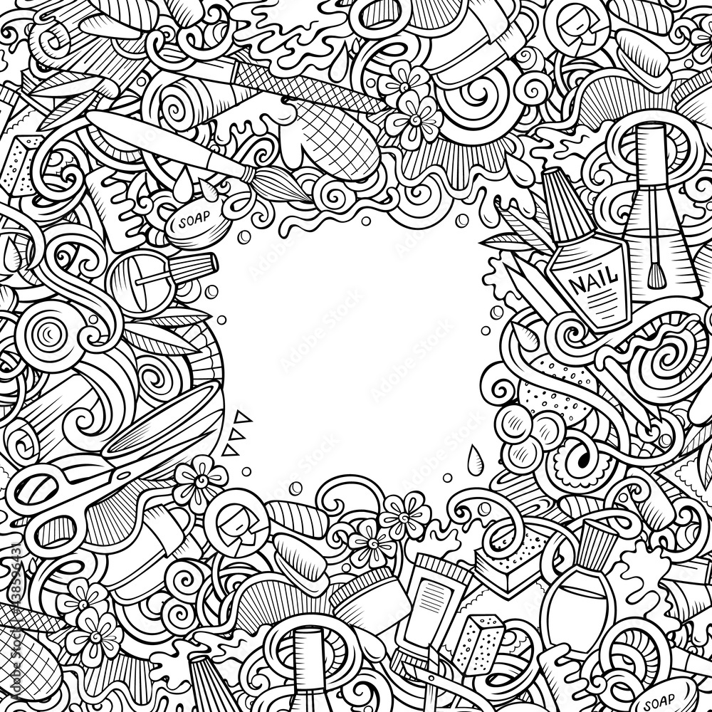 Bathroom hand drawn vector doodles illustration. Bath room frame card design. Bathroom hand drawn vector doodles illustration. Bath room frame card design.