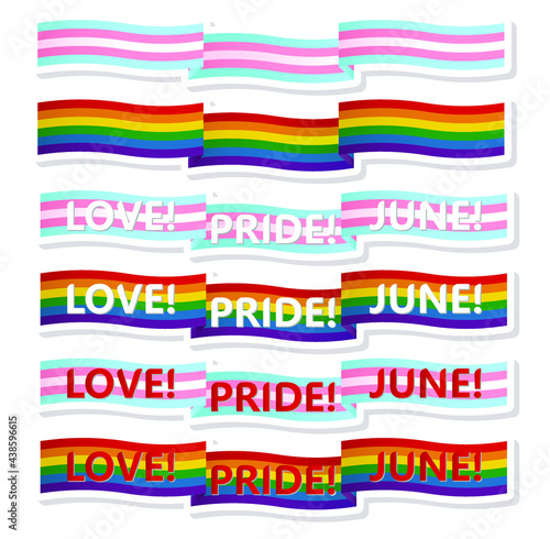 A month of gay pride. Flat design signs. LGBT and transgender flag. LGBTQ + symbology. The slogan "Love! Pride! June!" 