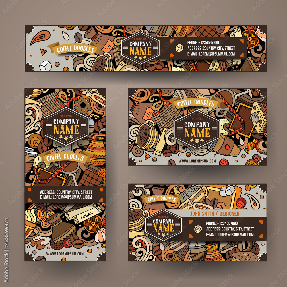 Corporate Identity vector templates set design with doodles hand drawn Coffee Shop theme