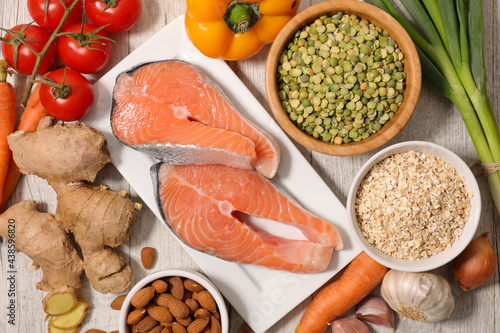 health food selection- salmon, fruit and vegetable