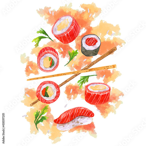 illustration watercolor sushi and rolls with Chinese chopsticks herbs rice fish avocado cucumber caviar