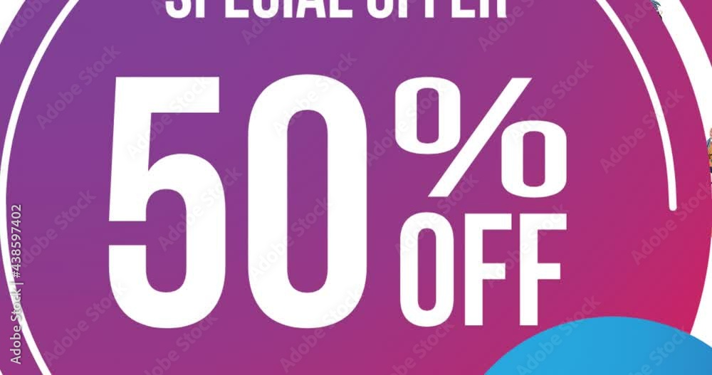 Animation of special offer 50 percent off text over circle and female faces on white background Animation of special offer 50 percent off text over circle and female faces on white background