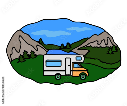 Mobile home with mountains in the background. RV life. Cartoon. Vector illustration. © alina_polina
