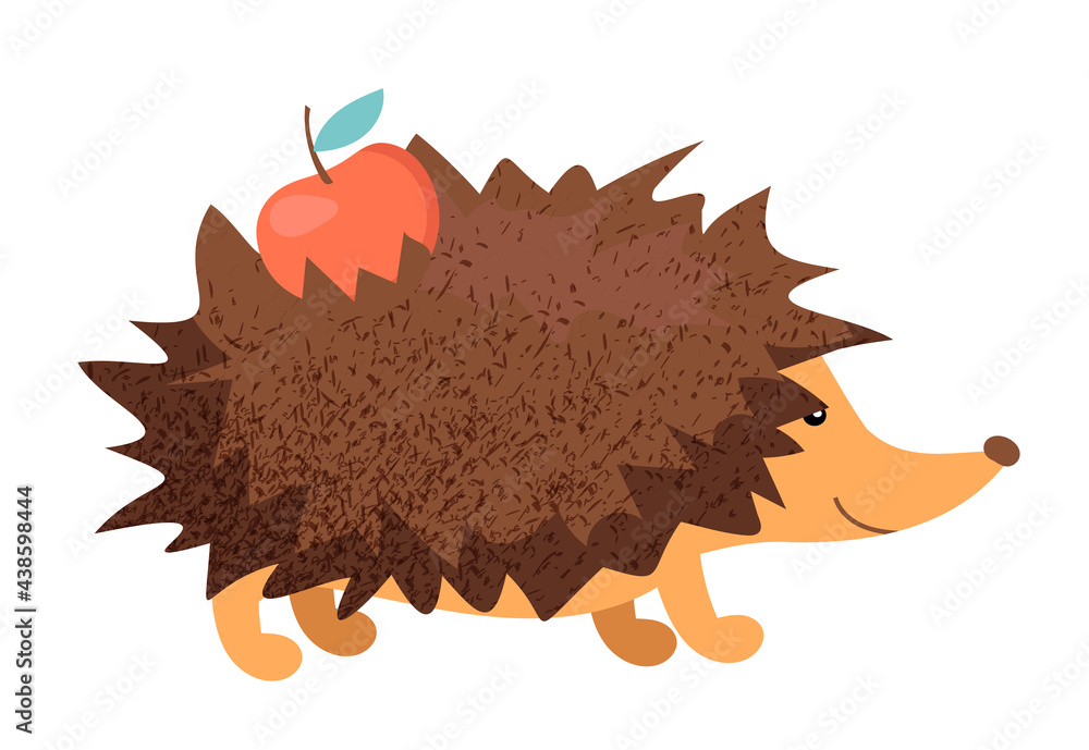 cute hedgehog in warm autumn colors with an apple on needles with a noisy shadow, isolated on a white background. children's illustration with a hedgehog cute hedgehog in warm autumn colors with an apple on needles with a noisy shadow, isolated on a white background. children's illustration with a hedgehog