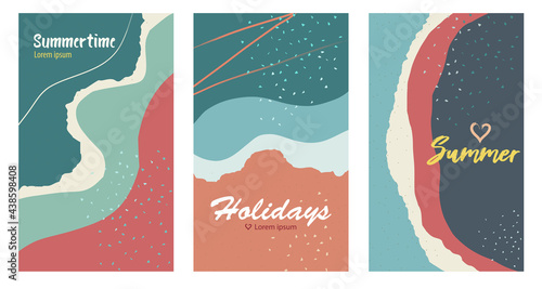 Happy beach summer backgrounds set, colorful and vectored. Flat and retro style with sea and sand in hand drawn style. Vertical design suitable for social media stories, posters, post cards or ads.