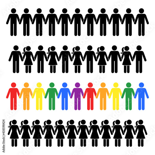 Holding hands stick figure people man woman vector icon pictogram set. Stickman human standing together in line row border male female silhouette on white background