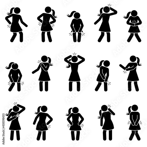 Stick figure woman with multiple joint pains, headache, stomachache, knee, shoulder, elbow, heart, hip icon vector. Lady, girl having back pain, sore muscles, lower abdomen ache pictogram on white