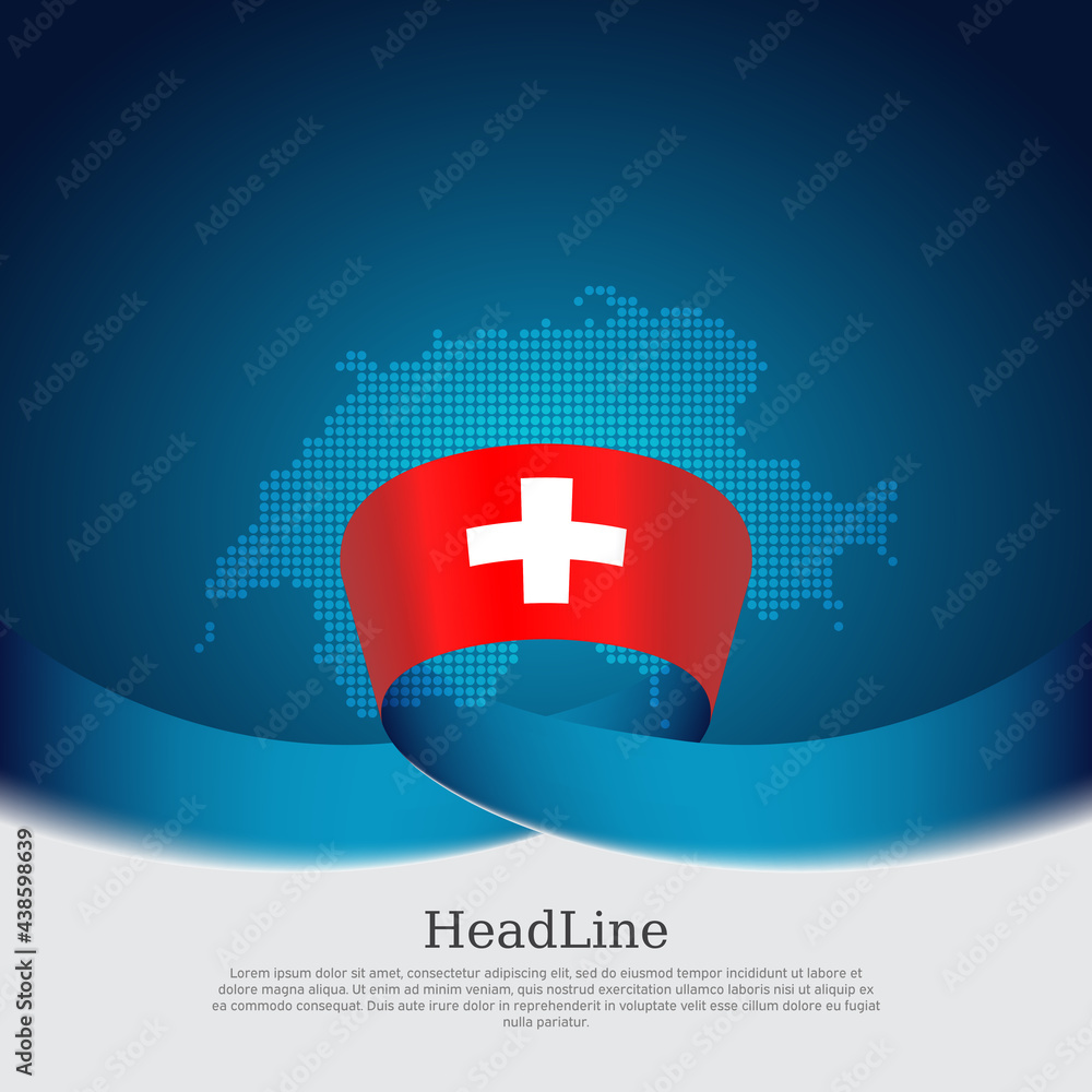 Switzerland flag, mosaic map on blue white background. Vector banner design, switzerland national poster. Cover for business booklet. Wavy ribbon with the swiss flag. State patriotic, flyer, brochure