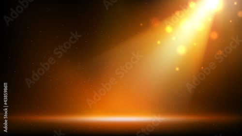 Gold spotlight background. Illuminated golden stage. Background for displaying products. Bright beams of spotlights, shimmering glittering particles, a spot of light. Vector illustration