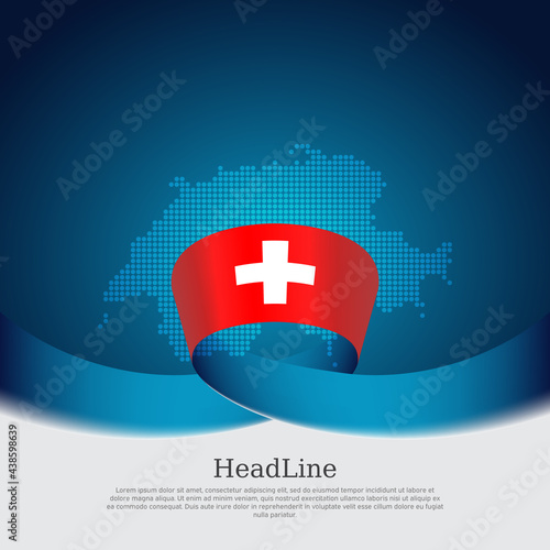 Switzerland flag, mosaic map on blue white background. Vector banner design, switzerland national poster. Cover for business booklet. Wavy ribbon with the swiss flag. State patriotic, flyer, brochure