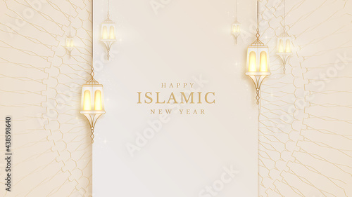 Elegant islamic new year creative card poster background. lamp golden on pattern color cream feeling about luxury concept paper cut style. vector illustration for design. photo