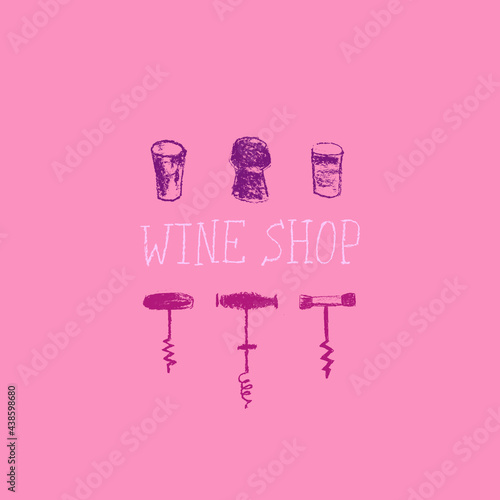 Wine icons set in vector. Hand drawn illustrations for winery sign,  wine shop, alcohol store, vector logo templates, biodynamic wines, grape festival, wine bar sign. Wine cork, octave, grape, stopper