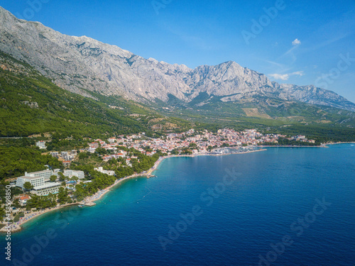 Amazing seascape, scenic aerial view of Makarska riviera, Dalmatia, Croatia. Popular tourist destination and summer resort on Adriatic seacoast, outdoor travel background