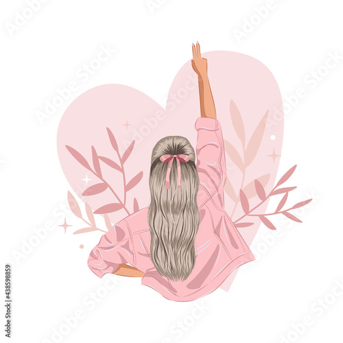 Feminist woman showing peace hand gesture. Girl power clip art. Vector illustration