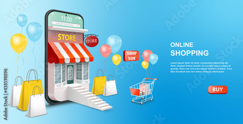 Shopping Online on Mobile Phone Application or Website Concept. Digital marketing promotion. Smartphone as a store 3D vector illustration
