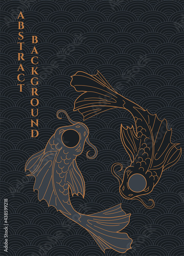 vector black and gold illustration abstract background of koi yin yang fishes on japanese background