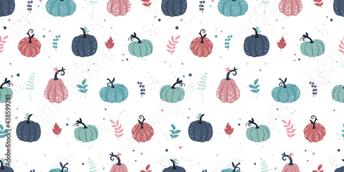 Cute hand drawn pumpkin horizontal seamless pattern, hand drawn pumpkins - great as Thanksgiving background, textiles, banners, wallpapers, wrapping - vector design