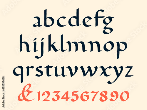 Carolingian Minuscule Alphabet Hand-Drawn Calligraphy Medieval Alphabet. Hand Drawn Vintage font. Full Alphabet set with numbers. Vector Lettering Typography.