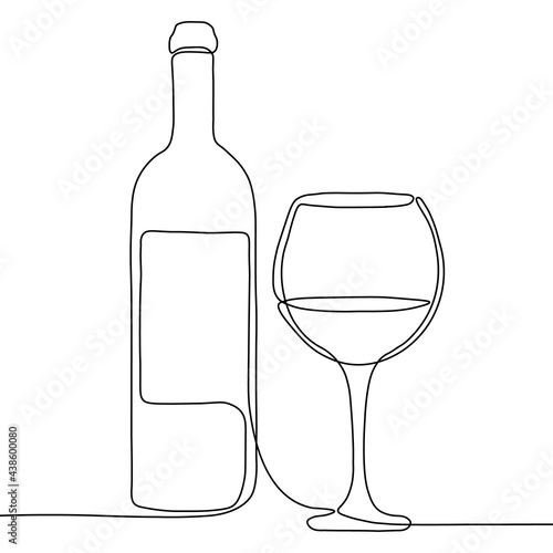 Continuous one line drawing with bottle and glass of wine isolated on white background. Vector illustration. Black line art on white background.