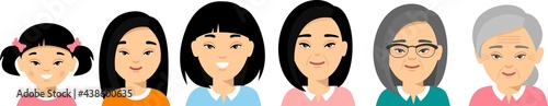 Set of asian age group avatars woman in colorful style. All age group of chinese female.