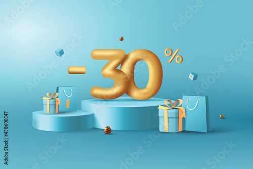 30% Off. 3D Gold Discount numbers on podium with shopping bag and gift box vector. Price off tag design on blue background vector illustration