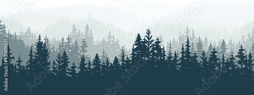 Horizontal banner of forest background, silhouettes of trees. Magical misty landscape, fog. Blue and gray illustration. Bookmark. 