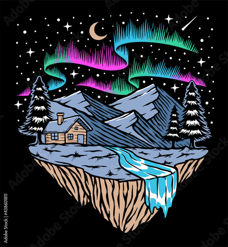 Night full of stars and aurora illustration