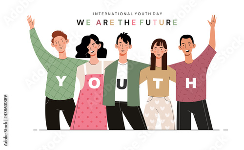 International Youth Day. Young girls and guys hug. Company of friends. 